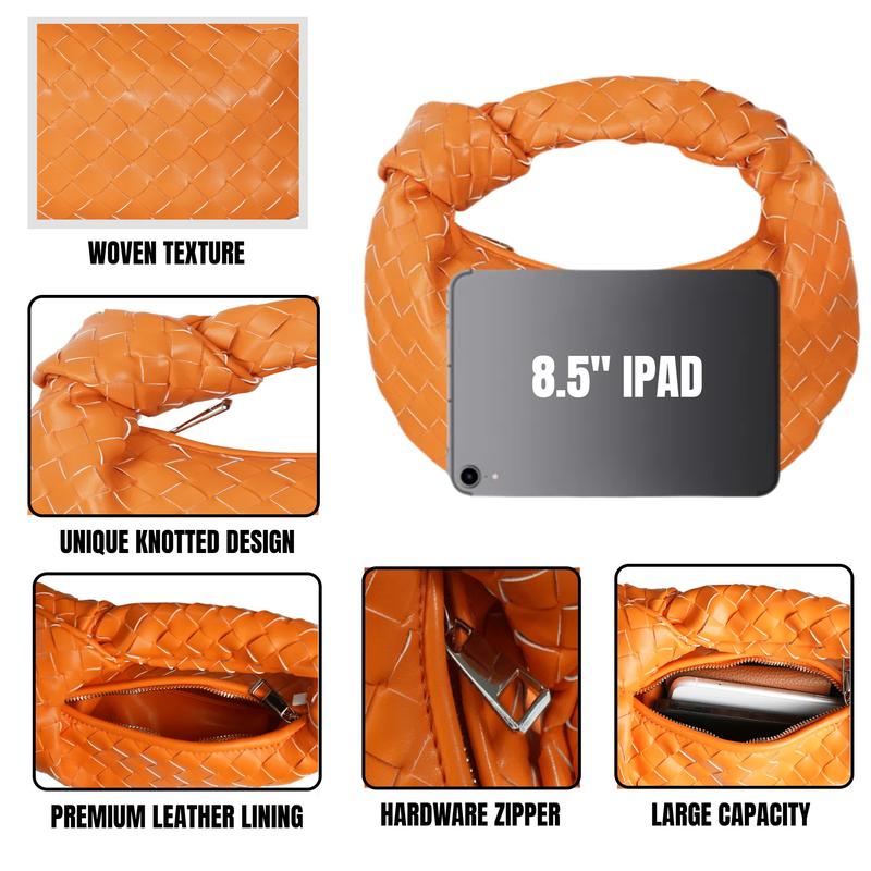 Woven Handbag-Retro Knotted Woven Clutch Bag For Women, Soft Leather Hobo bag Fashion Knotted Wowen Bag Clutch Handle Purse with Zipper Closure Evening Bag Dumpling Bags for Shopping Work