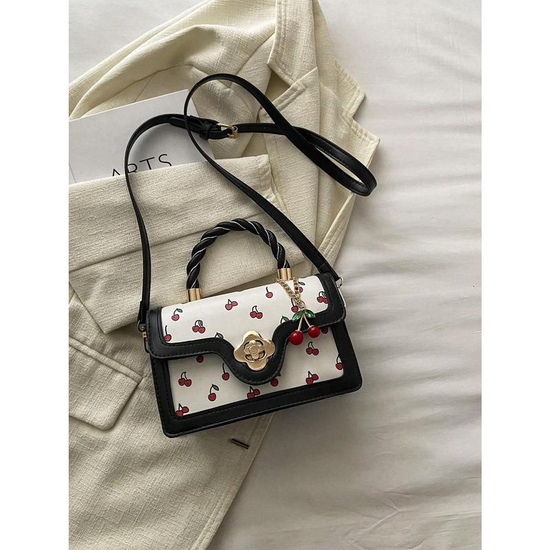 Fashionable High-Class Lady Square PU Handbag, Cute Cherry Printed Shoulder Bag For Shopping, Dating, And Crossbody