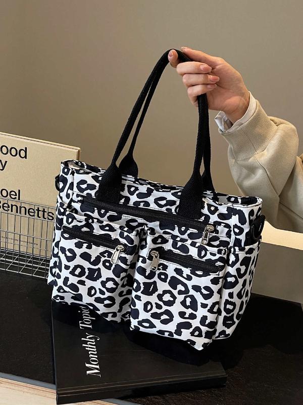 Women's Fashion Leopard Pattern Tote Bag, Mulit-pockets Large Capacity Zipper Shoulder Bag for Women, Trendy All-match Commuter Bag for Daily Used