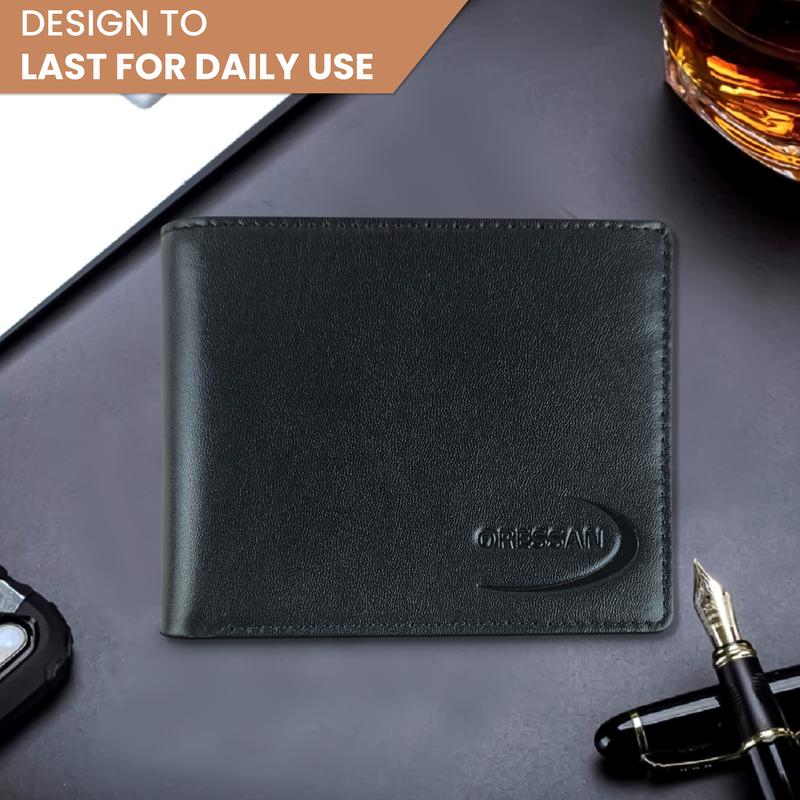 ORESSAN Men's Full Grain Leather RFID Blocking Bifold Wallet - Compact & Durable with 8 Card Slots & 2 ID Windows