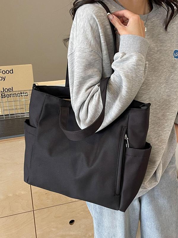 Women's Solid Color Zipper Shoulder Bag, Fashion Large Capacity Tote Bag with Pocket, Casual Multi-functional Daily Commuting Bag, Girl Fashion Shopping Bag