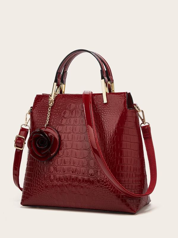 Women's Elegant Solid Color Crocodile Embossed Tote Bag, 2024 New Trendy Casual Handbag & Crossbody Bag, Fashionable Large Capacity Shoulder Bag for Daily Use