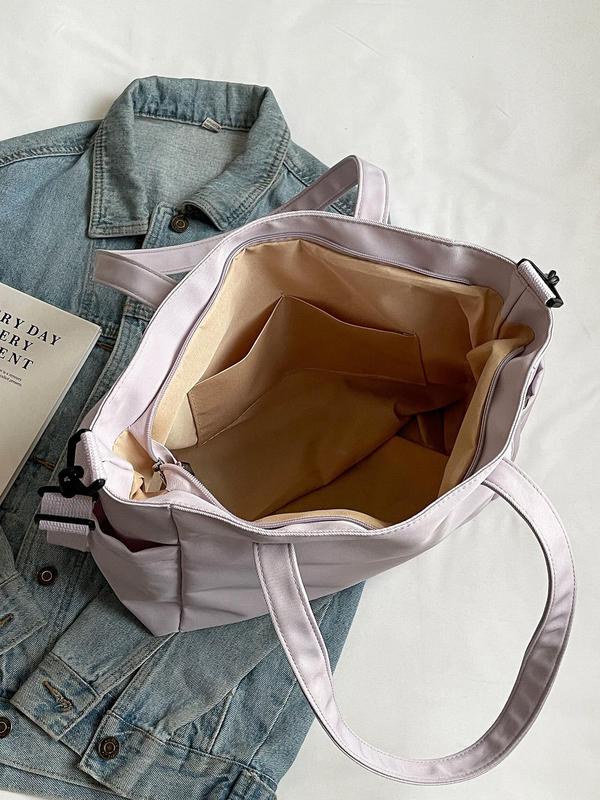 Women's Solid Color Zipper Shoulder Bag, Fashion Large Capacity Tote Bag with Pocket, Casual Multi-functional Daily Commuting Bag, Girl Fashion Shopping Bag