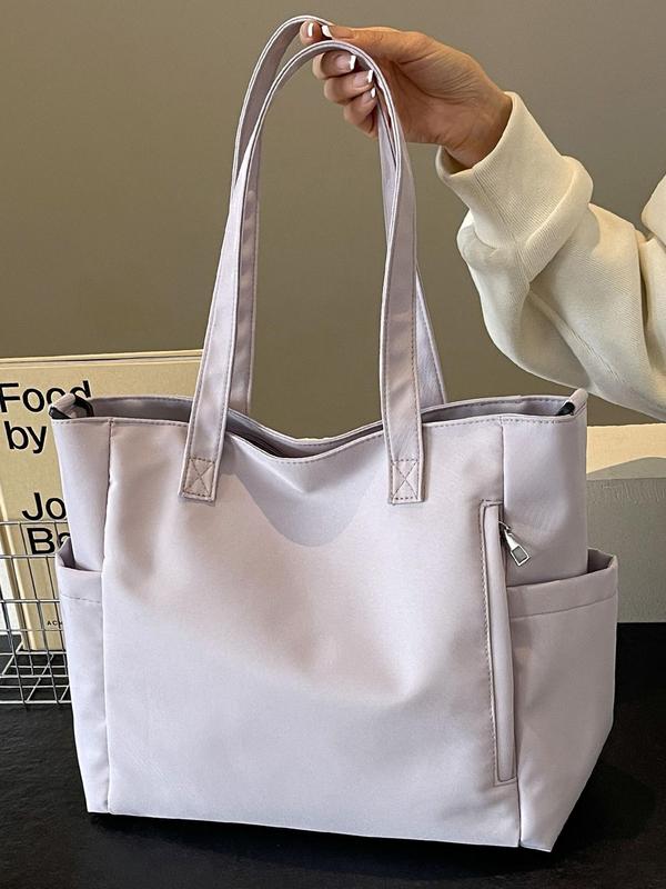 Women's Solid Color Zipper Shoulder Bag, Fashion Large Capacity Tote Bag with Pocket, Casual Multi-functional Daily Commuting Bag, Girl Fashion Shopping Bag