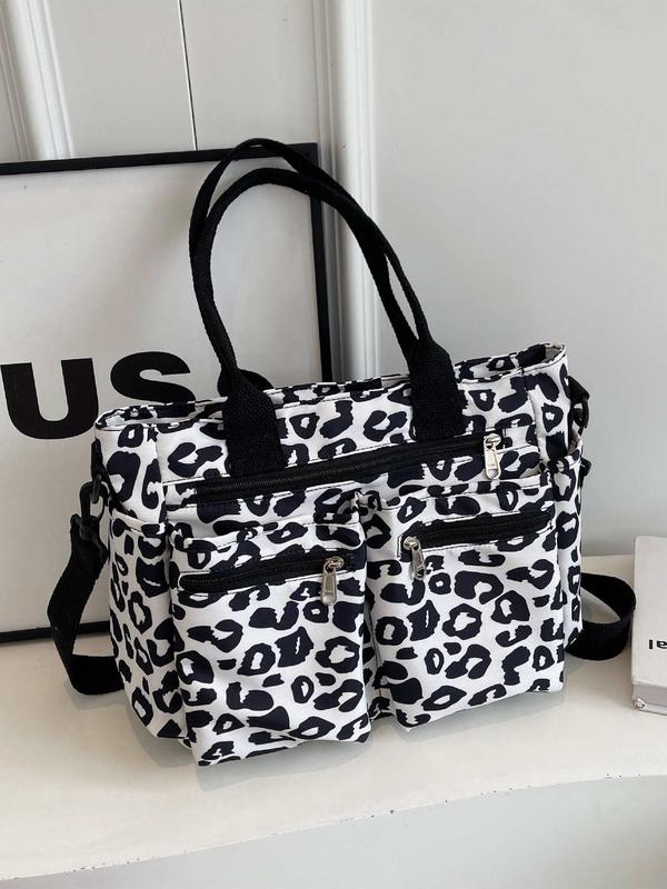 Women's Fashion Leopard Pattern Tote Bag, Mulit-pockets Large Capacity Zipper Shoulder Bag for Women, Trendy All-match Commuter Bag for Daily Used