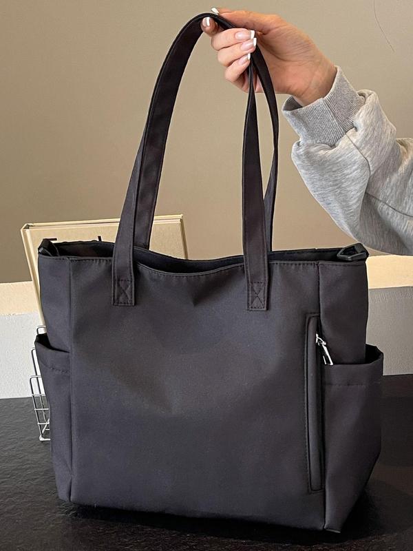 Women's Solid Color Zipper Shoulder Bag, Fashion Large Capacity Tote Bag with Pocket, Casual Multi-functional Daily Commuting Bag, Girl Fashion Shopping Bag