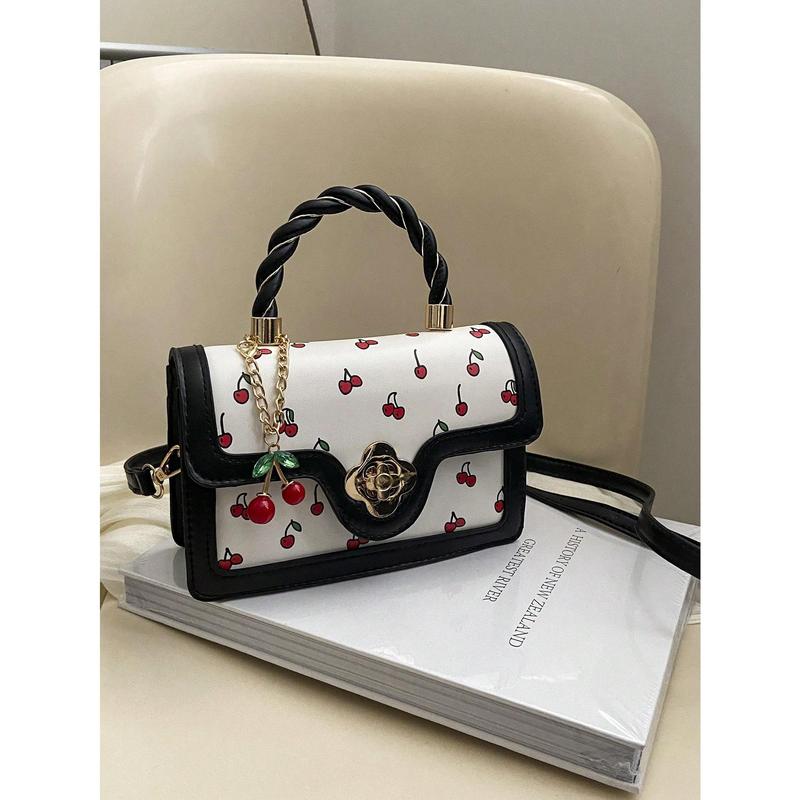 Fashionable High-Class Lady Square PU Handbag, Cute Cherry Printed Shoulder Bag For Shopping, Dating, And Crossbody