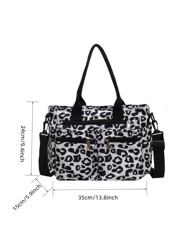 Women's Fashion Leopard Pattern Tote Bag, Mulit-pockets Large Capacity Zipper Shoulder Bag for Women, Trendy All-match Commuter Bag for Daily Used