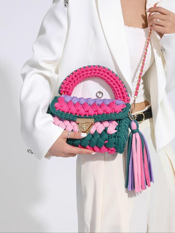 Women's Colorblock Braid Crochet Design Handbag, Fashionable Tassel Decorated Crossbody Bag for Daily Used, Casual Trendy Versatile High-quality Daily Commuting Bag