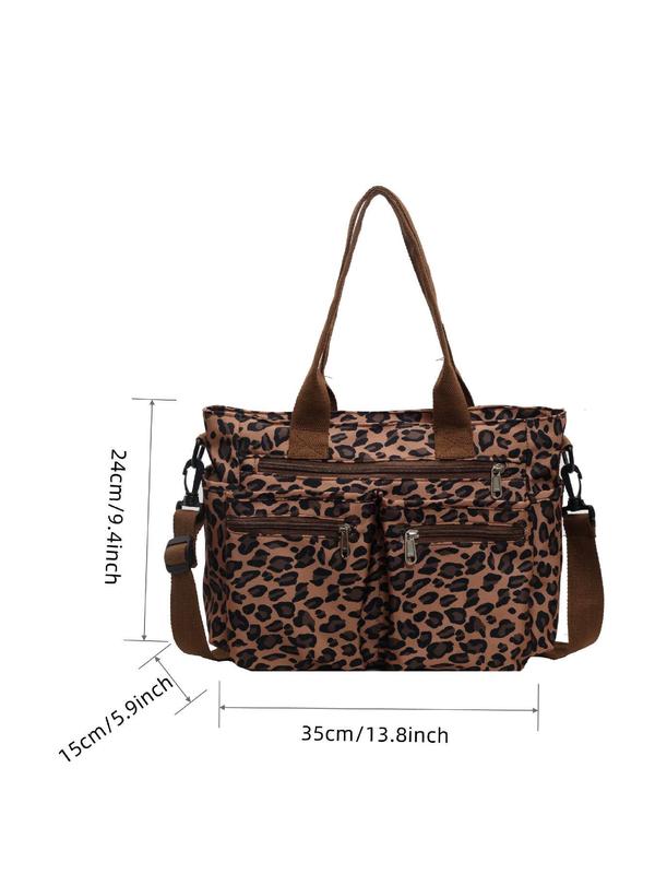 Women's Fashion Leopard Pattern Tote Bag, Mulit-pockets Large Capacity Zipper Shoulder Bag for Women, Trendy All-match Commuter Bag for Daily Used