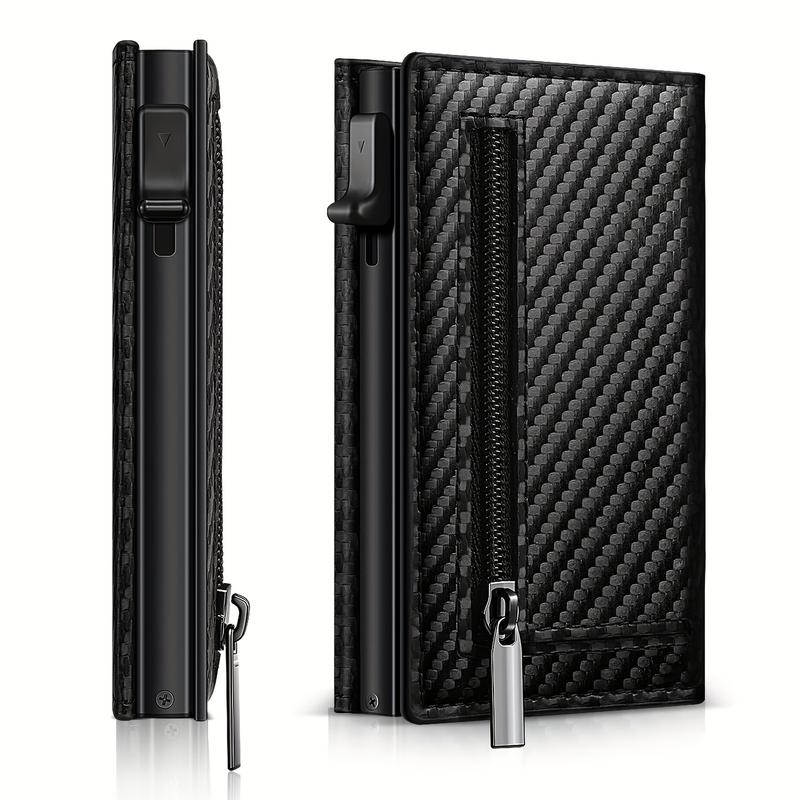 Mens Smart Wallet Card Holder for AirTag: Leather, Compatible with Apple Air Tag, RFID Blocking, Slim, Carbon Fiber, Minimalist - 9-14 Card Capacity | ID Window | Cash Slot slim rfid