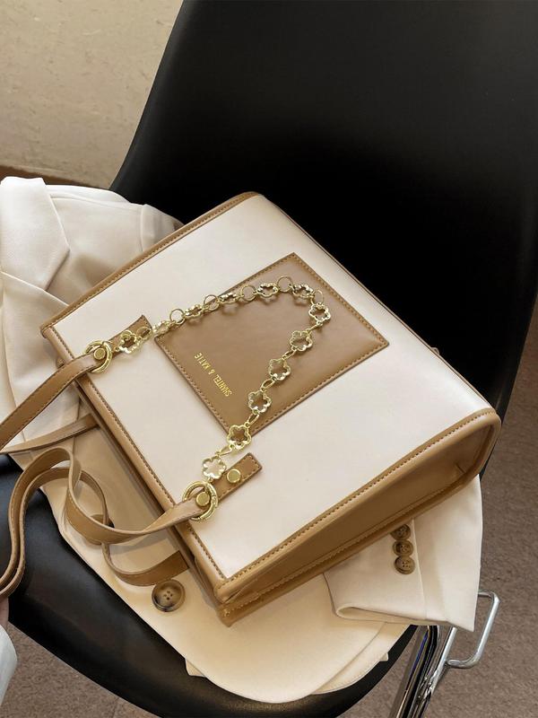 Summer Fashionable Colorblock Letter Design Tote Bag, Casual Pu Leather Chain Decor Large Capacity Tote Bag For Women & Girls For Work & Daily Used