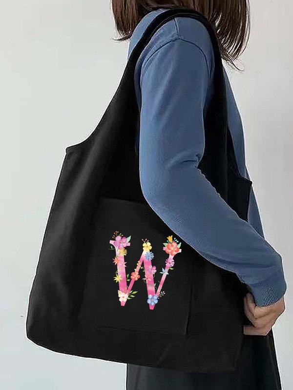 Random Letter Pattern Tote Bag, Fashionable Letter Pattern Canvas Tote Bag for Women & Girls, Casual Trendy Versatile Daily Commuting Bag