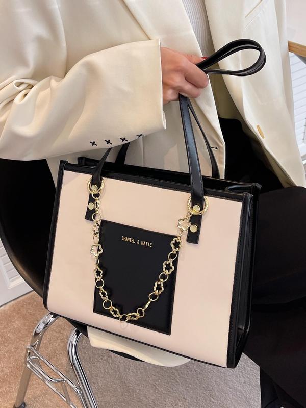 Summer Fashionable Colorblock Letter Design Tote Bag, Casual Pu Leather Chain Decor Large Capacity Tote Bag For Women & Girls For Work & Daily Used