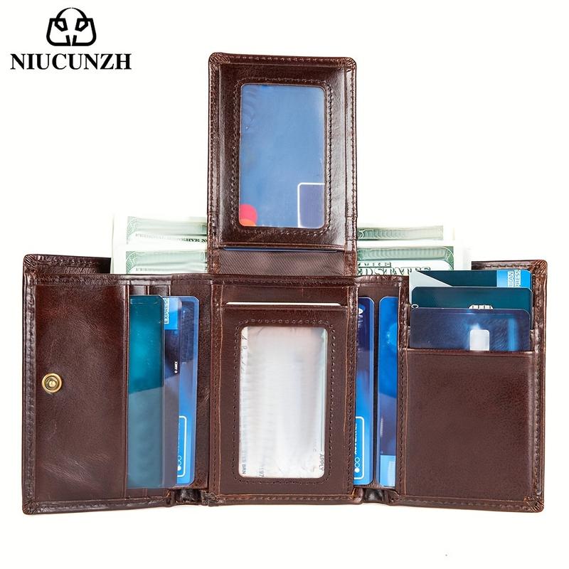Genuine Leather Men's Three-Fold Wallet, with Coin Pocket and Anti-Theft Swiping Shield, Men's Valentine's Day Gift