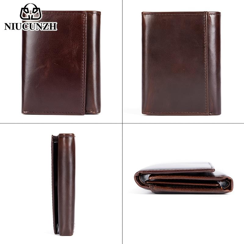 Genuine Leather Men's Three-Fold Wallet, with Coin Pocket and Anti-Theft Swiping Shield, Men's Valentine's Day Gift