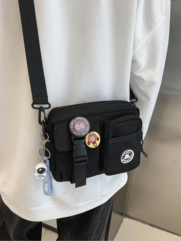 Women's Street Style Crossbody Bag, with Cartoon Astronaut Keychain, Letters & Rocket Badge Decor, Casual Trendy Zipper Square Bag, Fashionable Versatile Crossbody Bag for Women, Back to School Bag