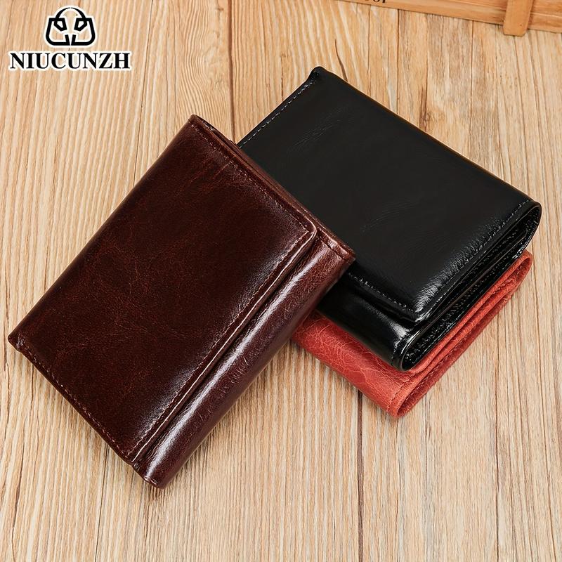 Genuine Leather Men's Three-Fold Wallet, with Coin Pocket and Anti-Theft Swiping Shield, Men's Valentine's Day Gift