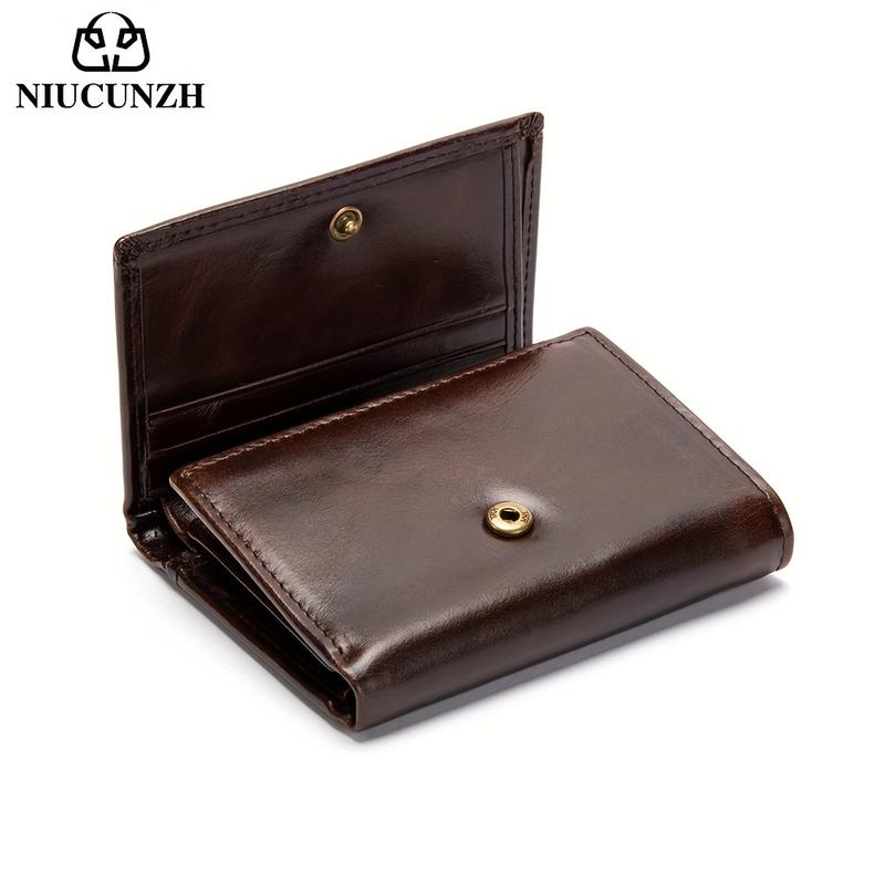 Genuine Leather Men's Three-Fold Wallet, with Coin Pocket and Anti-Theft Swiping Shield, Men's Valentine's Day Gift