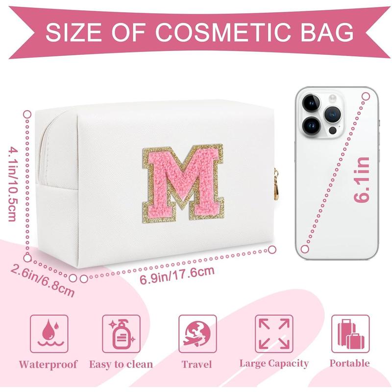 Personalized makeup bag initial A-Z preppy patch bag, small PU leather travel cosmetic bag pouch with zipper, White cute toiletry bag, gift ideal for teen women birthday friend mom, letter M