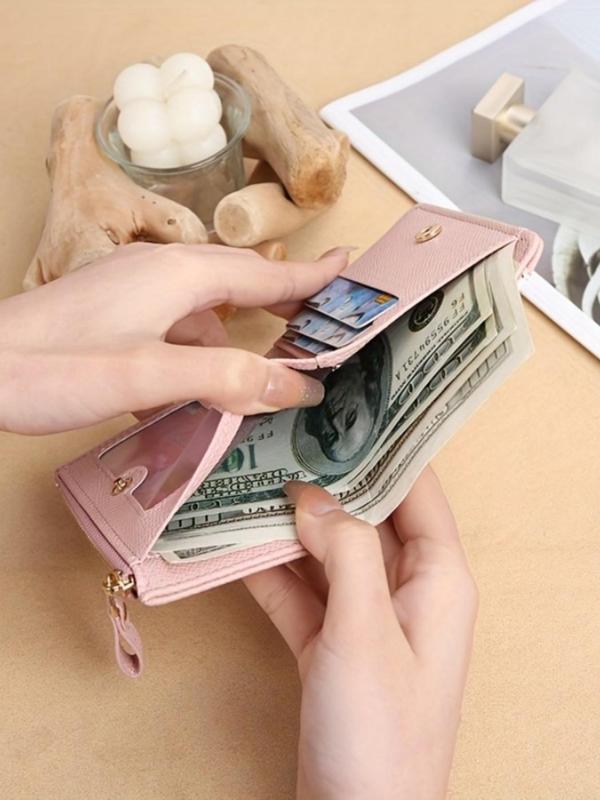 Women's Elegant Letters Pattern Bifold Short Wallet, Fashionable PU Splicing Zipper Wallet, Compact Change Clip for Daily Used