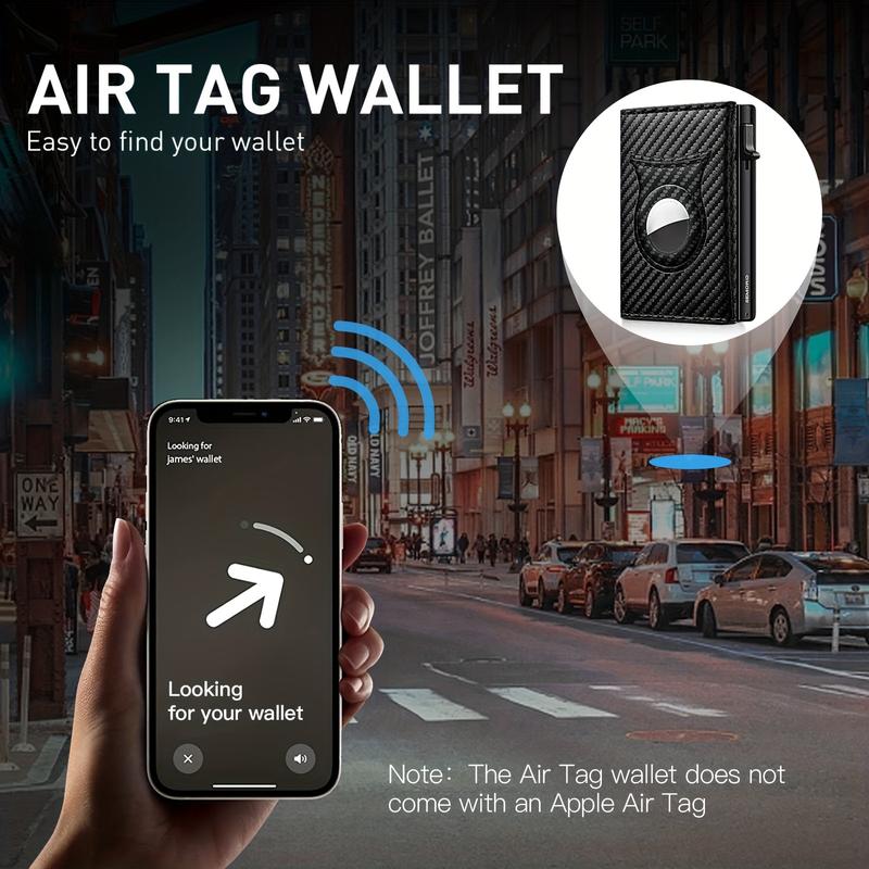 Mens Smart Wallet Card Holder for AirTag: Leather, Compatible with Apple Air Tag, RFID Blocking, Slim, Carbon Fiber, Minimalist - 9-14 Card Capacity | ID Window | Cash Slot slim rfid