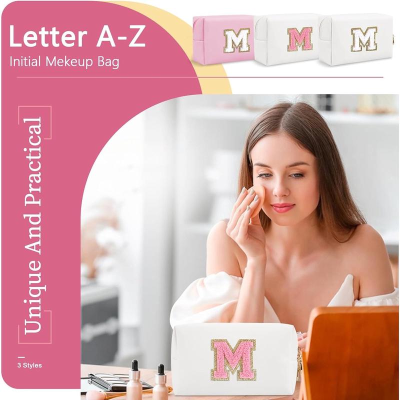 Personalized makeup bag initial A-Z preppy patch bag, small PU leather travel cosmetic bag pouch with zipper, White cute toiletry bag, gift ideal for teen women birthday friend mom, letter M