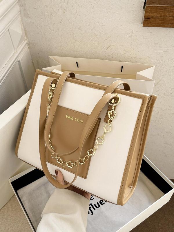 Summer Fashionable Colorblock Letter Design Tote Bag, Casual Pu Leather Chain Decor Large Capacity Tote Bag For Women & Girls For Work & Daily Used