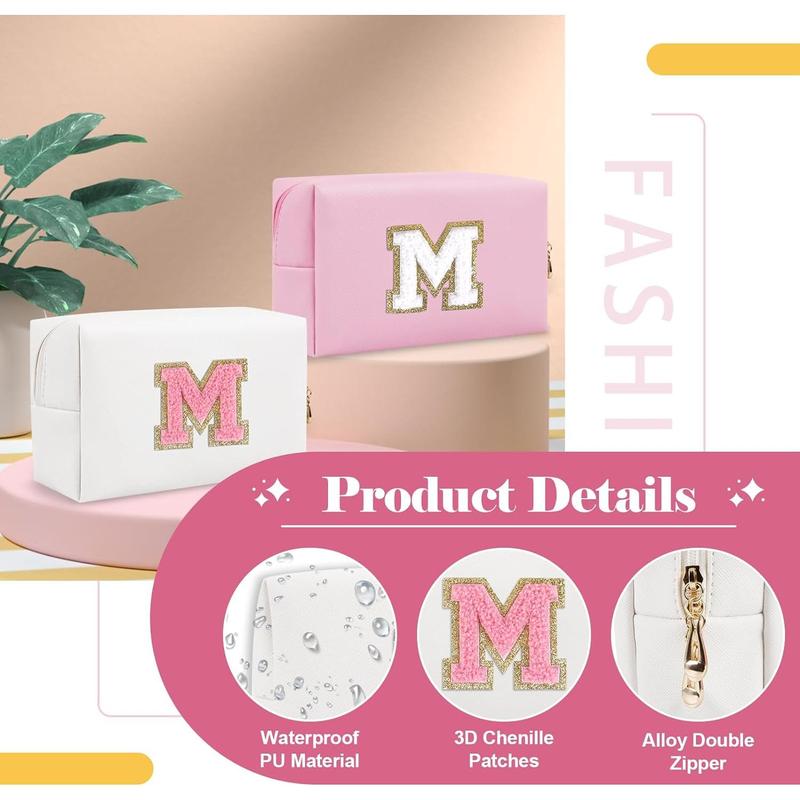 Personalized makeup bag initial A-Z preppy patch bag, small PU leather travel cosmetic bag pouch with zipper, White cute toiletry bag, gift ideal for teen women birthday friend mom, letter M