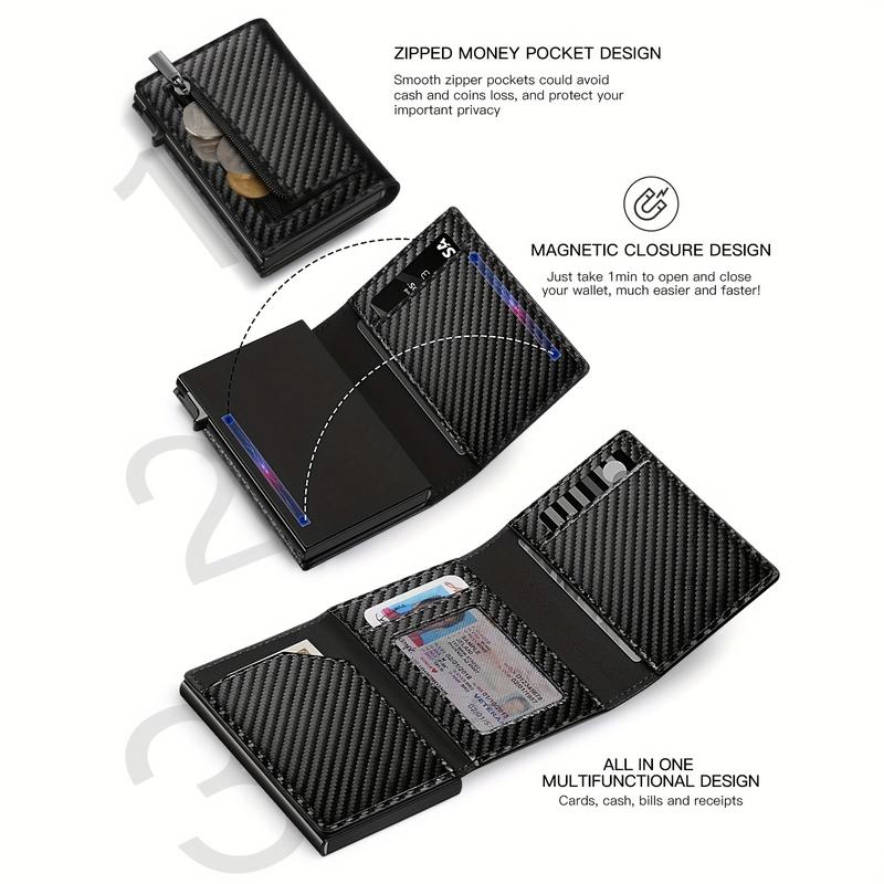 Mens Smart Wallet Card Holder for AirTag: Leather, Compatible with Apple Air Tag, RFID Blocking, Slim, Carbon Fiber, Minimalist - 9-14 Card Capacity | ID Window | Cash Slot slim rfid