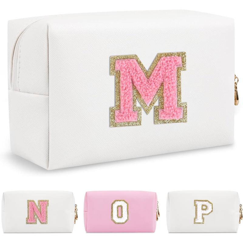 Personalized makeup bag initial A-Z preppy patch bag, small PU leather travel cosmetic bag pouch with zipper, White cute toiletry bag, gift ideal for teen women birthday friend mom, letter M