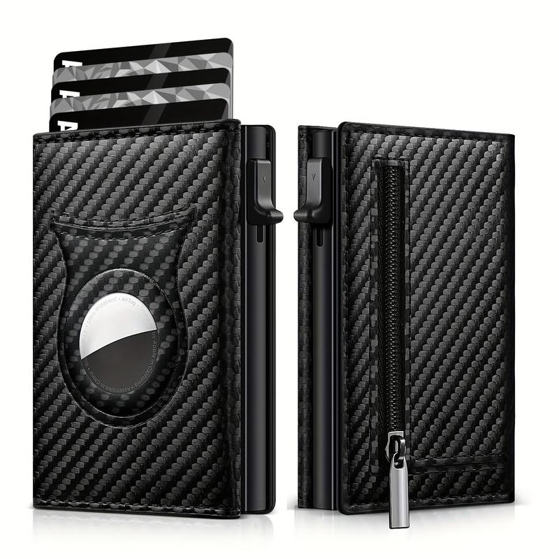 Mens Smart Wallet Card Holder for AirTag: Leather, Compatible with Apple Air Tag, RFID Blocking, Slim, Carbon Fiber, Minimalist - 9-14 Card Capacity | ID Window | Cash Slot slim rfid