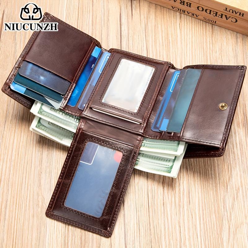 Genuine Leather Men's Three-Fold Wallet, with Coin Pocket and Anti-Theft Swiping Shield, Men's Valentine's Day Gift