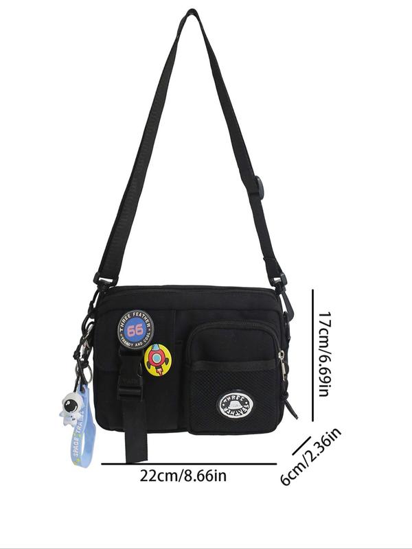 Women's Street Style Crossbody Bag, with Cartoon Astronaut Keychain, Letters & Rocket Badge Decor, Casual Trendy Zipper Square Bag, Fashionable Versatile Crossbody Bag for Women, Back to School Bag