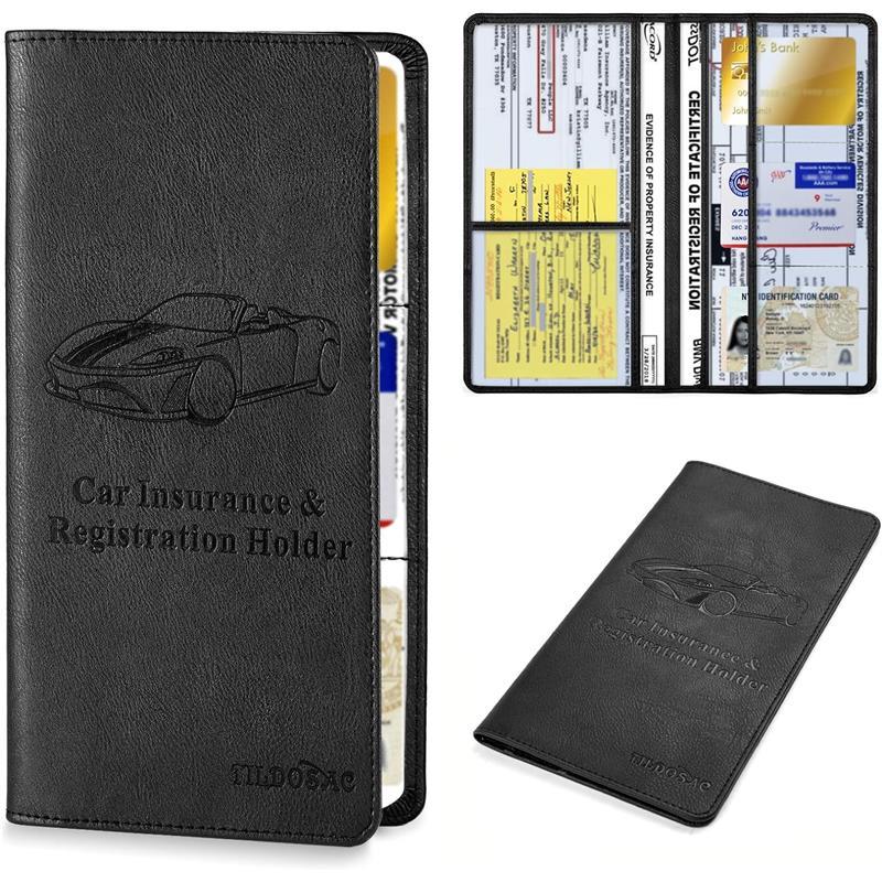 Car Registration & Insurance Card Holder：Auto Glove Box Organizer Document Wallet Leather Truck Accessories for Women Men (A Black, large)