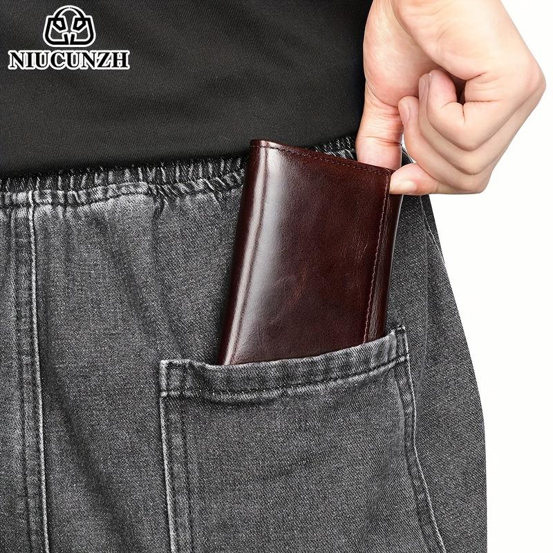 Genuine Leather Men's Three-Fold Wallet, with Coin Pocket and Anti-Theft Swiping Shield, Men's Valentine's Day Gift