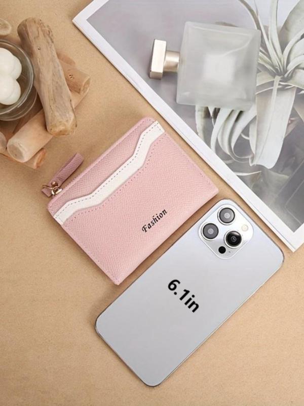 Women's Elegant Letters Pattern Bifold Short Wallet, Fashionable PU Splicing Zipper Wallet, Compact Change Clip for Daily Used