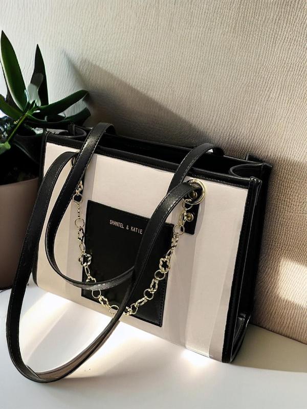 Summer Fashionable Colorblock Letter Design Tote Bag, Casual Pu Leather Chain Decor Large Capacity Tote Bag For Women & Girls For Work & Daily Used