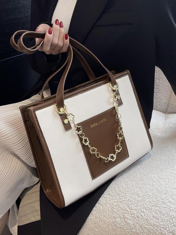 Summer Fashionable Colorblock Letter Design Tote Bag, Casual Pu Leather Chain Decor Large Capacity Tote Bag For Women & Girls For Work & Daily Used