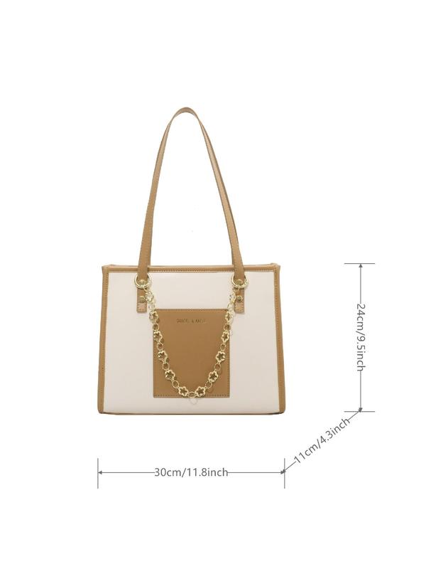 Summer Fashionable Colorblock Letter Design Tote Bag, Casual Pu Leather Chain Decor Large Capacity Tote Bag For Women & Girls For Work & Daily Used