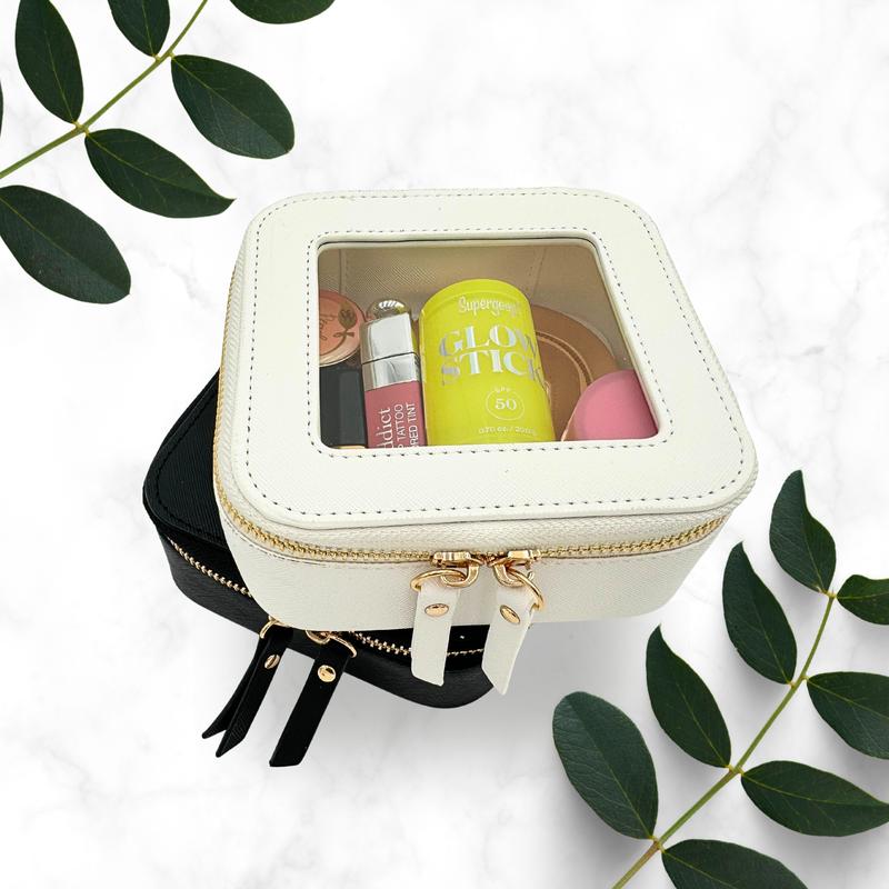 Mini Clear Makeup Bag, Mini Cosmetic Case, Make up Organizer Train Case Vegan Leather Travel Toiletry Pouch, Bridesmaid Gift toiletry multi-function