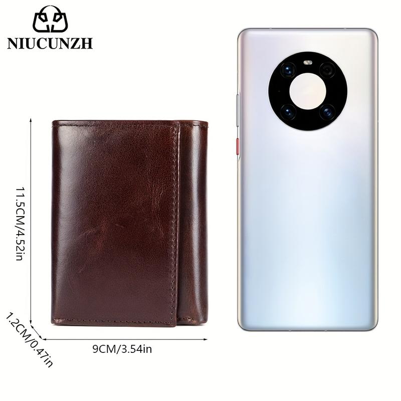Genuine Leather Men's Three-Fold Wallet, with Coin Pocket and Anti-Theft Swiping Shield, Men's Valentine's Day Gift