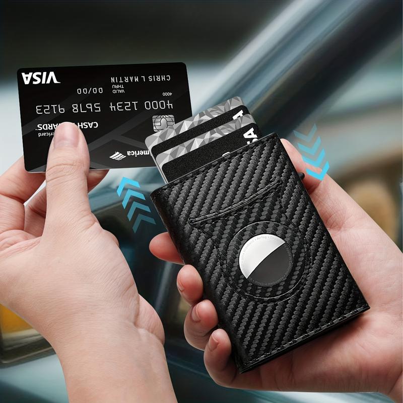 Mens Smart Wallet Card Holder for AirTag: Leather, Compatible with Apple Air Tag, RFID Blocking, Slim, Carbon Fiber, Minimalist - 9-14 Card Capacity | ID Window | Cash Slot slim rfid