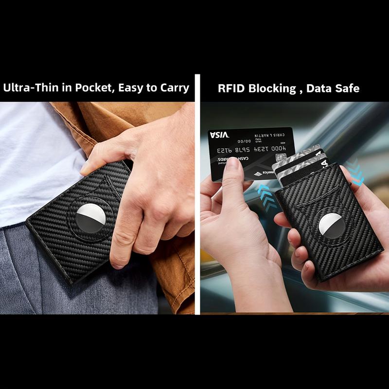 Mens Smart Wallet Card Holder for AirTag: Leather, Compatible with Apple Air Tag, RFID Blocking, Slim, Carbon Fiber, Minimalist - 9-14 Card Capacity | ID Window | Cash Slot slim rfid