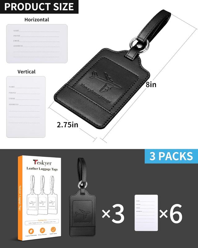 3-Pack Premium PU Leather Luggage Tags - Privacy Protection Travel Essentials for Suitcases (Black)