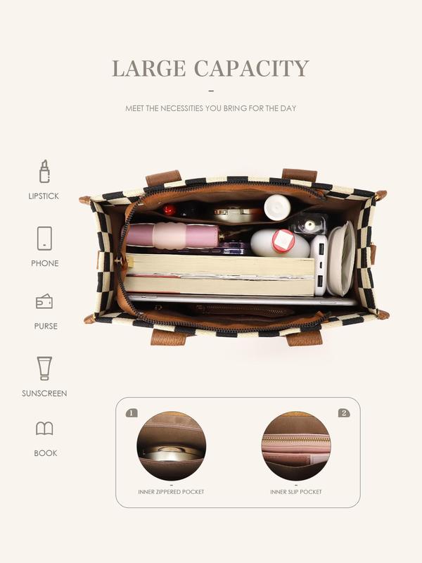 Checkerboard Pattern Top Handle Bag, Fashionable Canvas Shoulder Bag for Women, Casual Trendy Versatile High-quality Daily Commuting Bag, Girl Fashionable Shopping Bag
