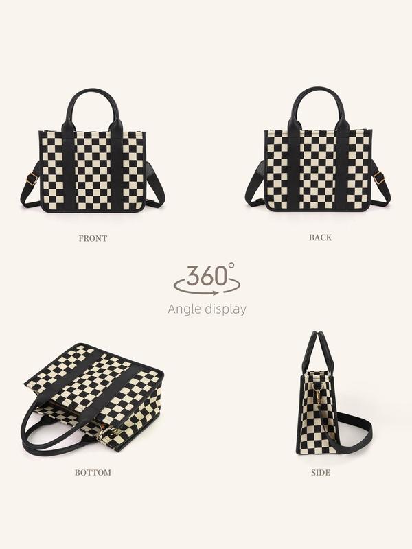 Checkerboard Pattern Top Handle Bag, Fashionable Canvas Shoulder Bag for Women, Casual Trendy Versatile High-quality Daily Commuting Bag, Girl Fashionable Shopping Bag