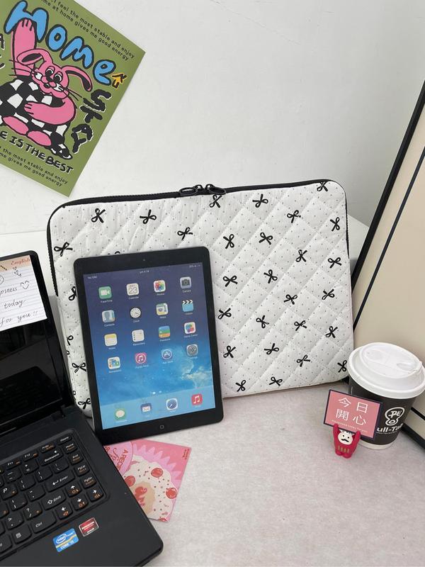 Bow Decor Quilted Laptop Bag, Portable Shockproof Tablet Bag, Fashionable Laptop Case for iPad MacBook Air MacBook