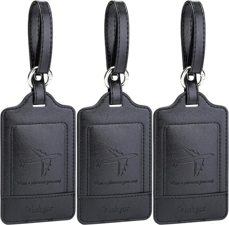 3-Pack Premium PU Leather Luggage Tags - Privacy Protection Travel Essentials for Suitcases (Black)