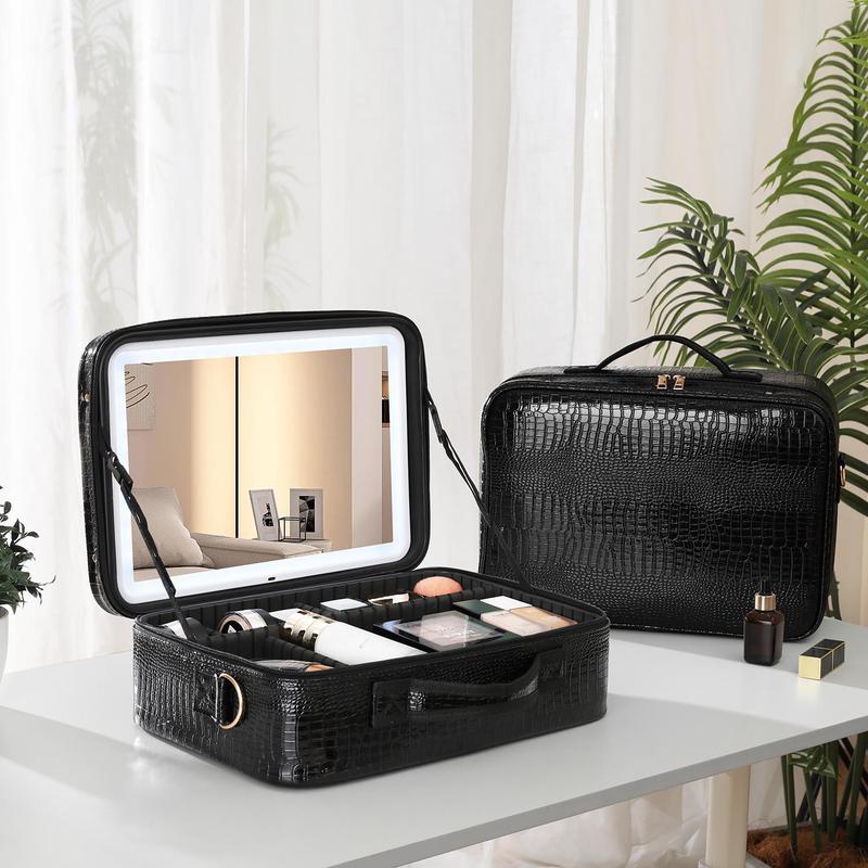 Makeup big Bag with LED Mirror, Travel Makeup Case withRechargeable Lighted Mirror 3 Color Lights, Dual LayerCosmetic Box Makeup Brush Lipstick Holder Organizerfor Women, Leather Black